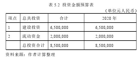 表 5.2 投资金额预算表